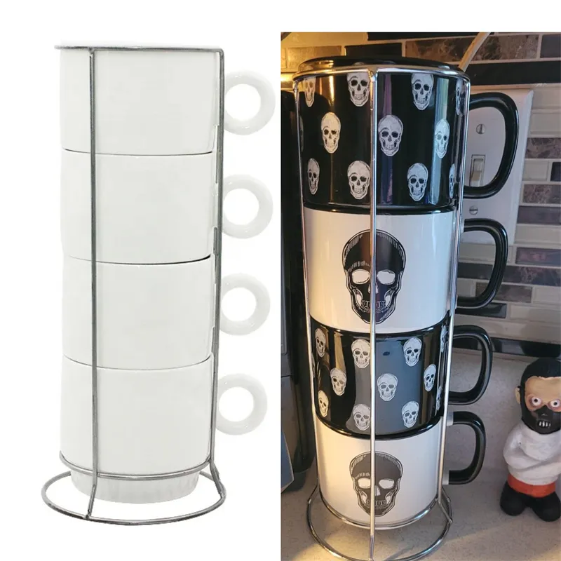 SWEEJAR - Tazas de café de porcelana con platillos , tazas de capuchino  apilables de 4 onzas con soporte de metal para café, latte, té - 4 unidades
