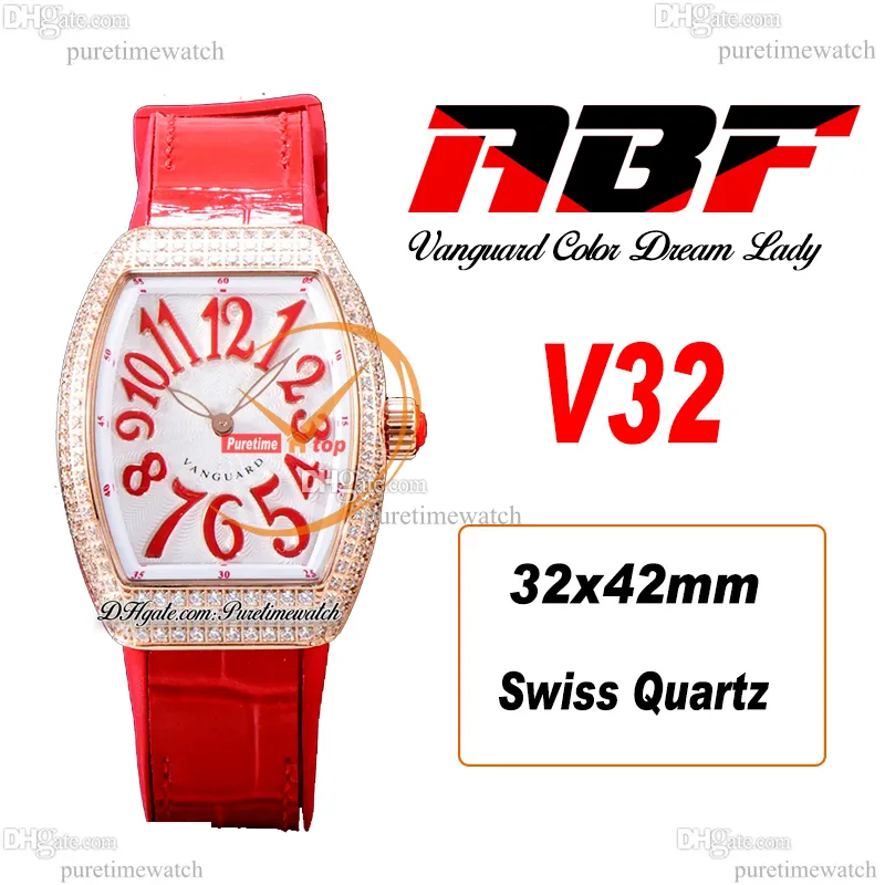 ABF V32 Vanguard Color Dream Cronografo svizzero al quarzo Orologio da donna Cassa con diamanti Cassa in oro rosa MOP Quadrante Pelle rossa Lady Super Edition Reloj Hombre Puretime M13