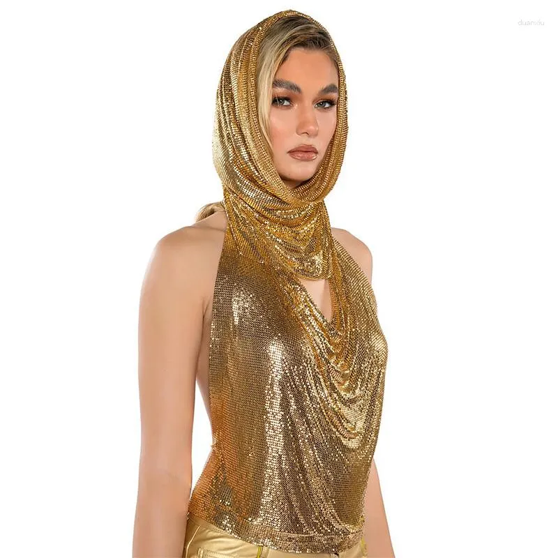 Women's Tanks Y2K Night Club Hooded Cowl Top Women Gold Metal Chainmail Halter-Neck