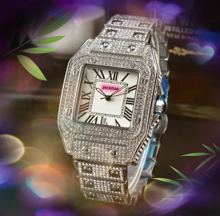 Amantes quadrado romano tanque dial relógio relógio de luxo moda cristal diamantes caso anel masculino feminino bateria quartzo super corrente pulseira relógio pulso relogio masculino