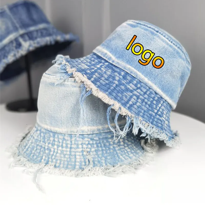 Chapeaux à larges bords Chapeaux de seau été unisexe personnalisé gland lavé Denim seau femmes à large bord pliable chapeau de pêcheur en plein air plage Panama casquette 230831