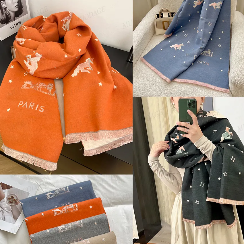 Designer-Kaschmirschal, warmer Winterschal, Damen-Schal mit großen Quasten und Sternenpferd, hochwertige Unisex-Schals, 65 x 180 cm