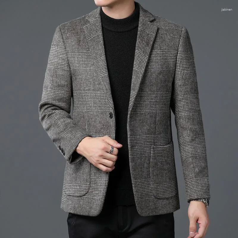 Men's Suits 2023 Autumn Winter Men Classic Plaid Sheep Wool Blazers Male Grey Coffee Checked Pattern Cashmere Blended Suit Jackets Outfits