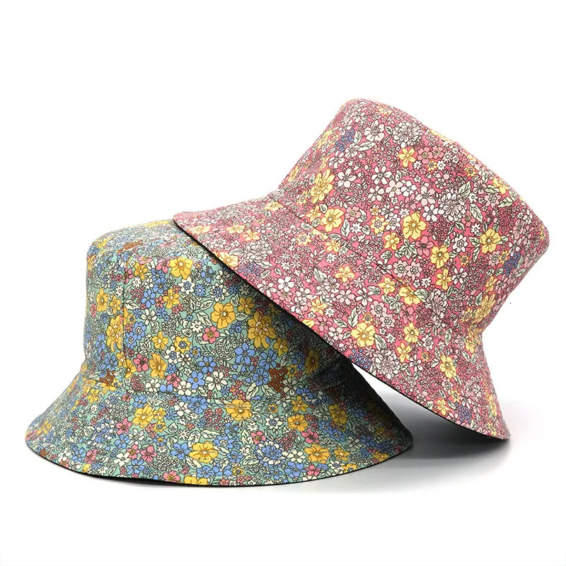 Chapeaux à larges bords Chapeaux de seau Mode Floral Print Bucket Hat Femmes Double Face Coton Réversible Protection Solaire Cap Femme Panama Pêcheur 230831