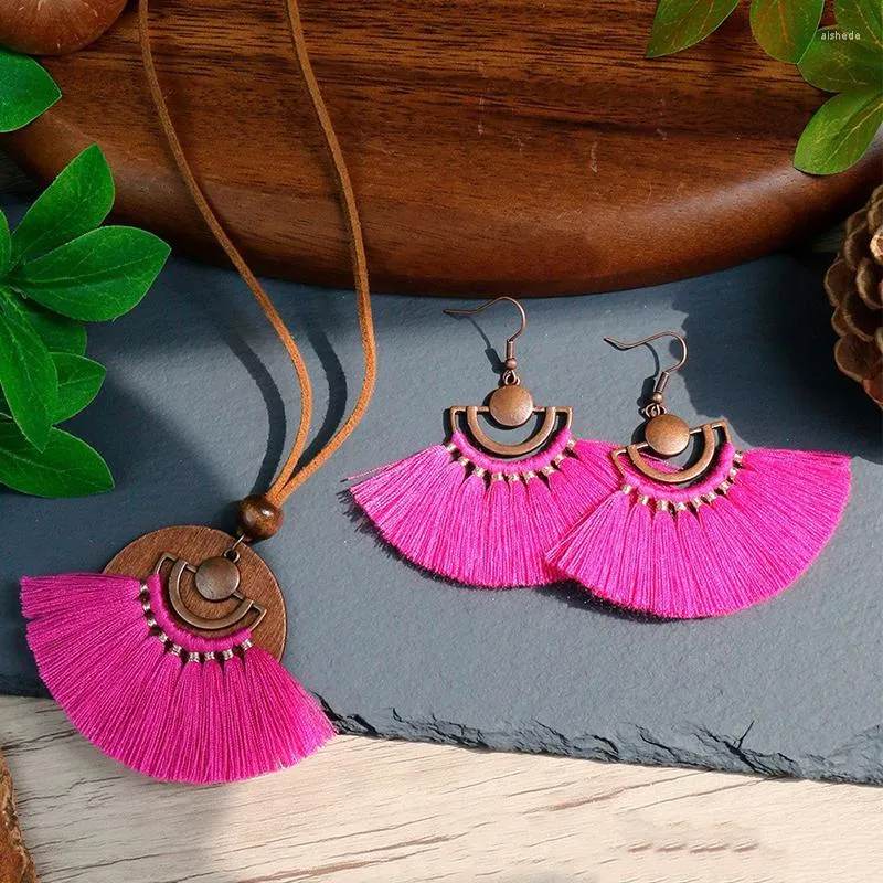 Necklace Earrings Set Bohemian Fan Shaped Cotton Tassel Jewelry For Women Vintage Wooden Round Pendant Long Rope Handmade