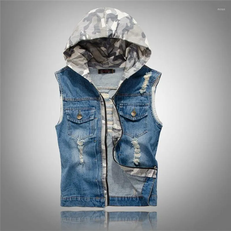 Herenvesten Koreaanse mannen denim vest jas zomer slanke gescheurde camouflage capuchon mouwloze zak stiksels knop rits vest