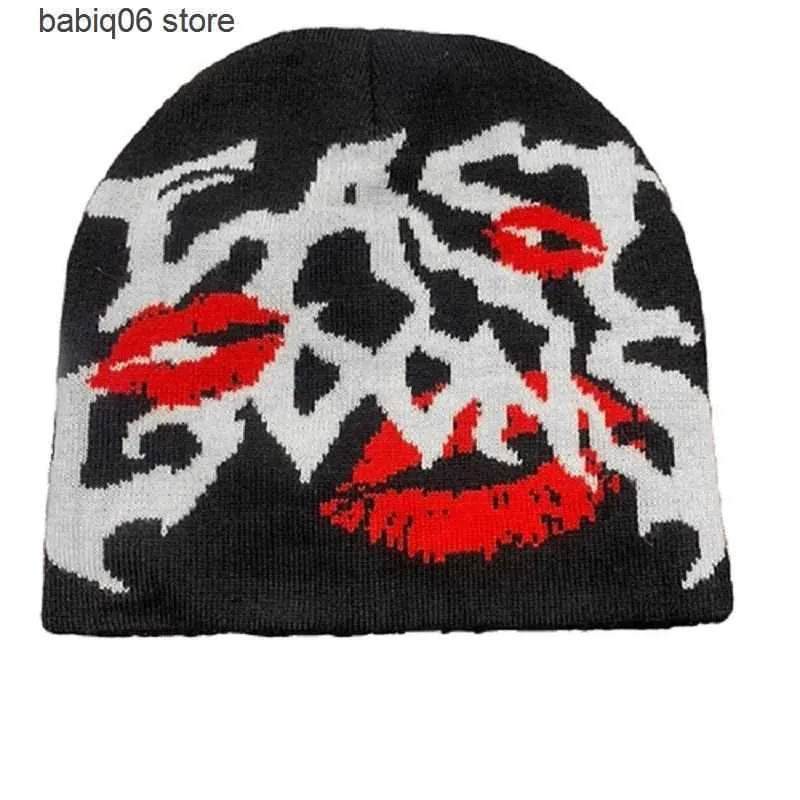 Beanie/Skull Caps Goth letter lip Jacquard Beanie Caps Y2K Vintage Knitted Warm Hip Hop Unisex Elastic Knit Hat Skull Cap For Women Men Halloween T230731