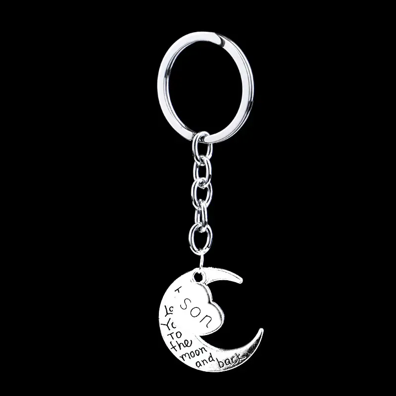 Moon Heart Keychains Letters Keyrings Silver Car Key Chain Rings Holder Fashion Pendant Jewelry Gift for Mom Dad Brother Sister Uncle Family