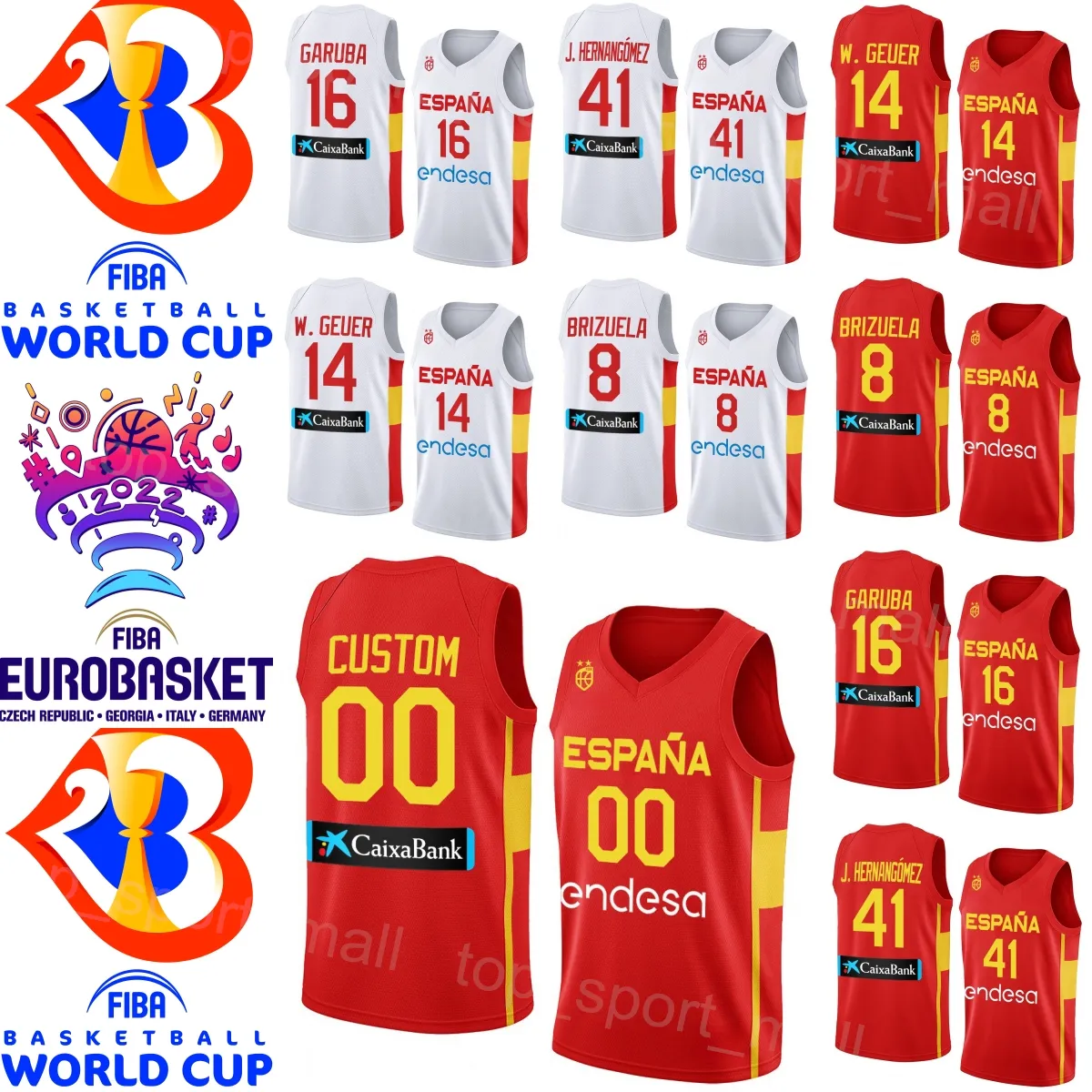 Bedrukt WK Basketbal Spanje 2023 Jersey Espana 16 USMAN GARUBA 4 ALBERTO DIAZ 8 Dario Brizuela 21 Alex Abrines 9 Ricky Rubio 13 Marc Gasol 4 Pau Gasol Rood Wit