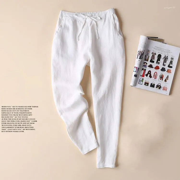 Pantalon d'été en coton et lin pour femme, crayon coréen, grande taille, ample, Slim, blanc, décontracté, à lacets, Capri 3xl
