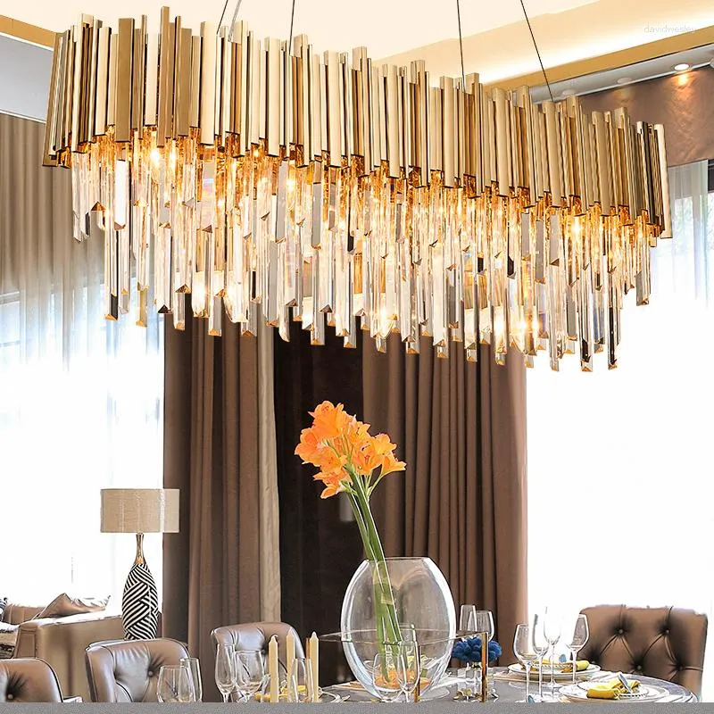 Pendant Lamps Chandeliers L150cm Luxury Plated Gold Metal Light Lustre Crystal Luminaria Dining Room Lighting Fixture Led Lamp