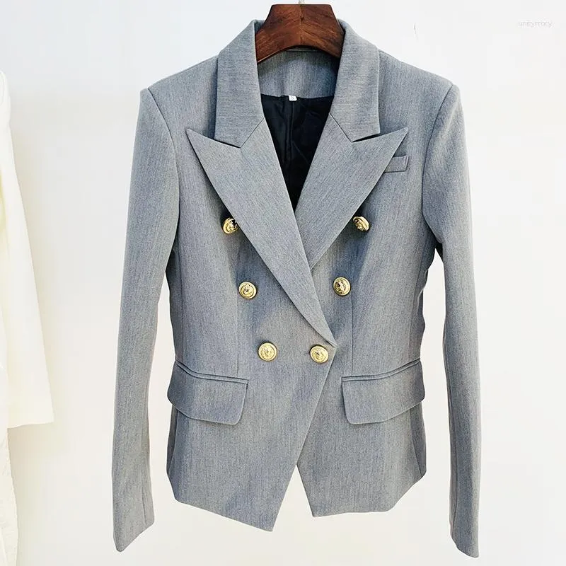 Kvinnors kostymer 2023 Högkvalitativ Est Designer Jacket Star Style Classic Lion -knappar Double Breasted Slim Montering Blazer Pale Grey