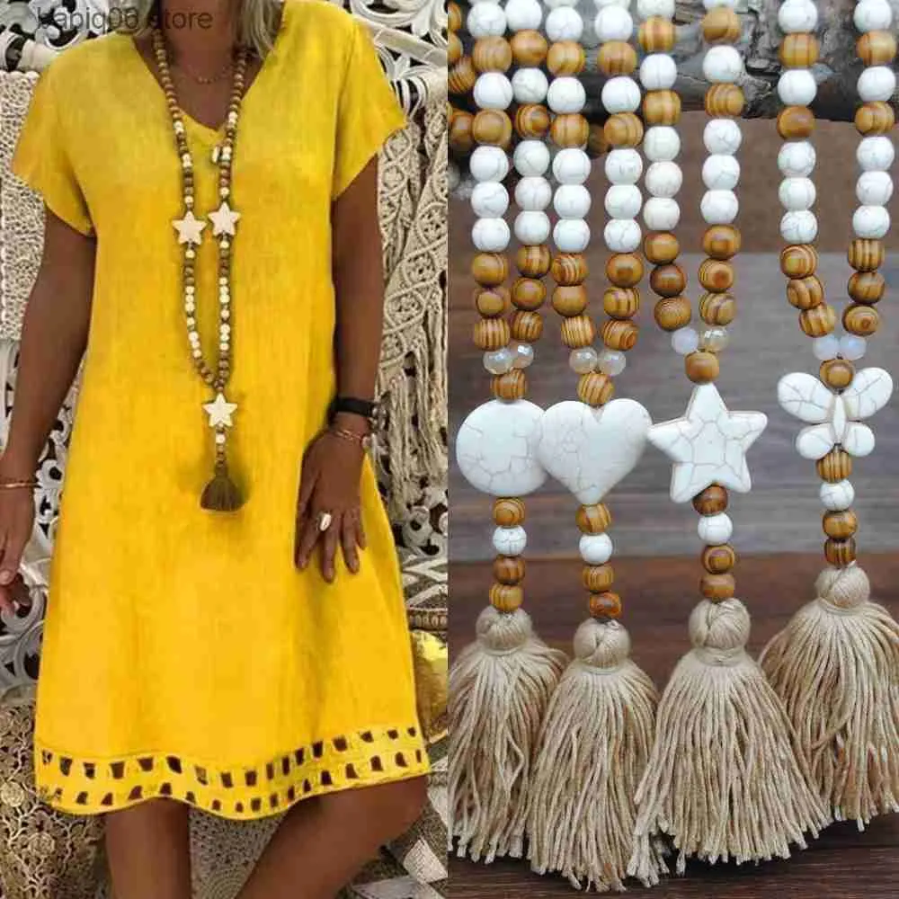 Pendentif Colliers Nouveau bohème lin vêtements pendentif gland pull chaîne à la main en bois perles Long collier femme N1400 T230904