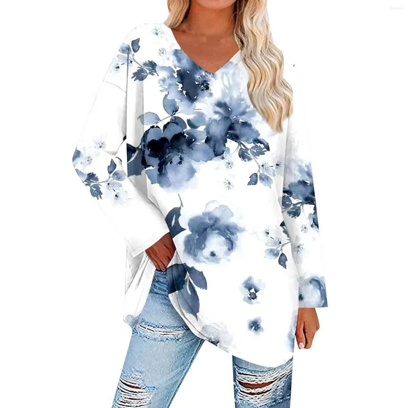 Dames T-shirts Mode Afdrukken T-shirt Voor Vrouwen Losse Tops Drop Schouder Mouw Blouse V-hals Lange Top Herfst Dameskleding