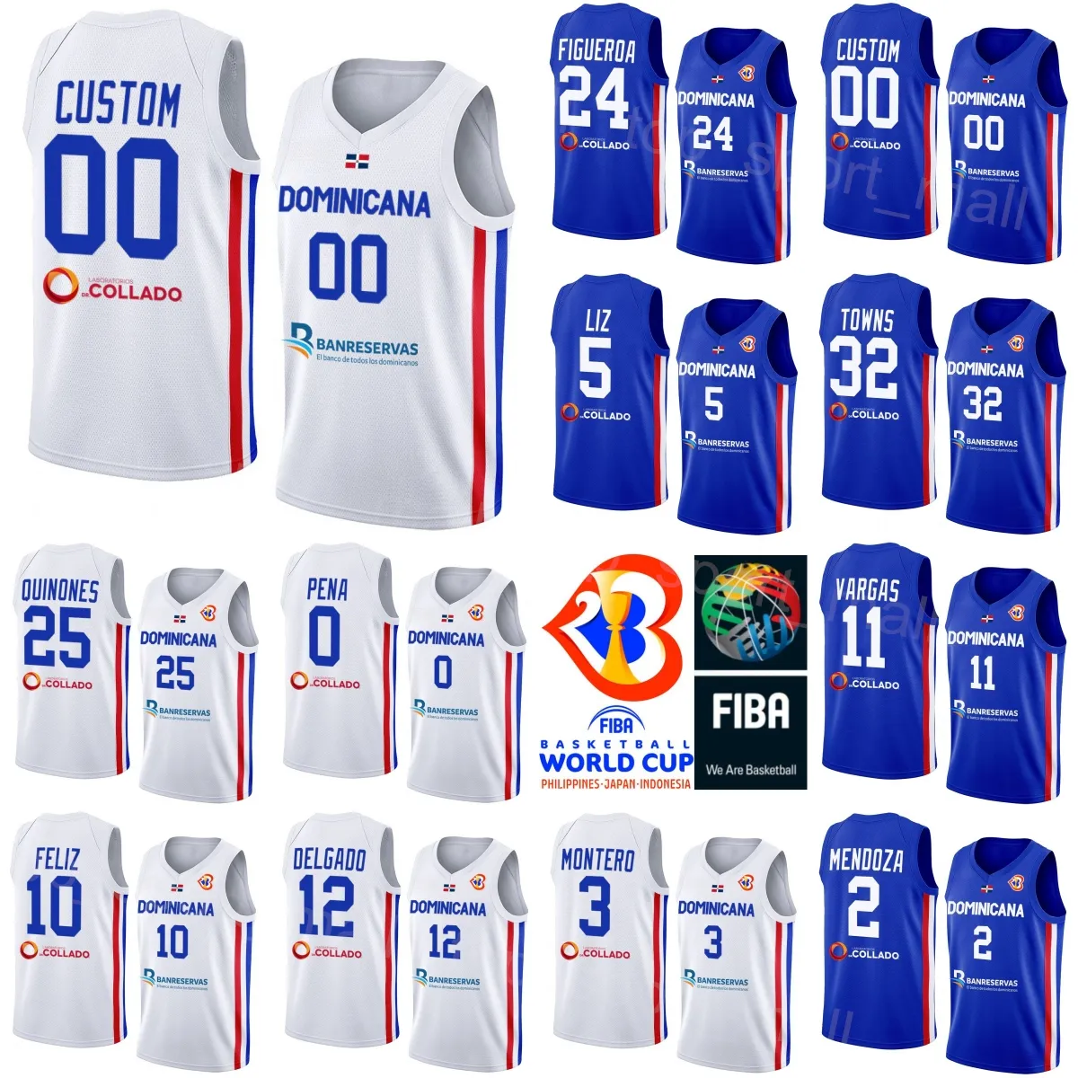 Maillot de basket imprimé République Dominicaine Coupe du monde 2023 10 Andres Feliz -anthony Towns 32 3 Jean Montero 5 Victor Liz 0 Antonio Pena