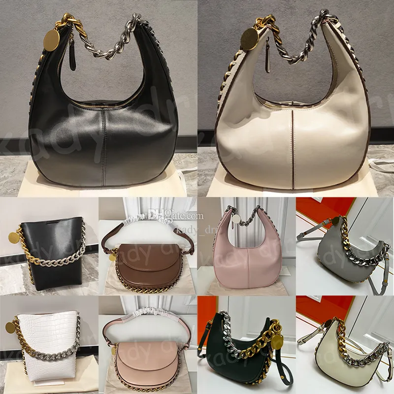 Stella Mccartney Frayme Pequena Bolsa de Ombro com Zíper Mulheres Bolsa de Couro Senhora com Bolsa Hobo Bolsas Designer de Luxo Preto Logotipo Dourado Charme Medalhão