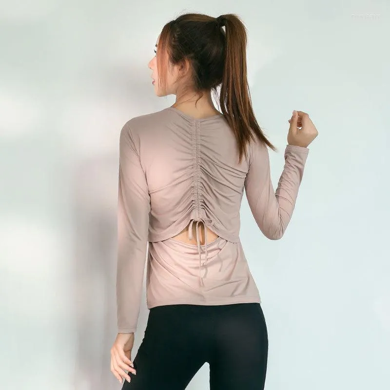 Yoga Kıyafetler Kadınlar Arka delik Hollow Out Drawstring Seksi Gömlekler Uzun Kollu Sonbahar Koşan Tişörtler Nefes Alabilir Hızlı Kuru Fitness Üstler