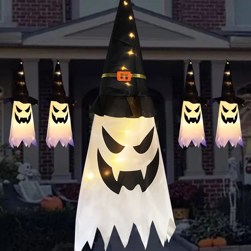 Inne imprezy imprezowe 45-80 cm LED Halloween Dekoracja Flashing Light Gypsophila Ghost Festival Dress Up świetny czarodziej lampa hat hat wiszące wystrój 230831