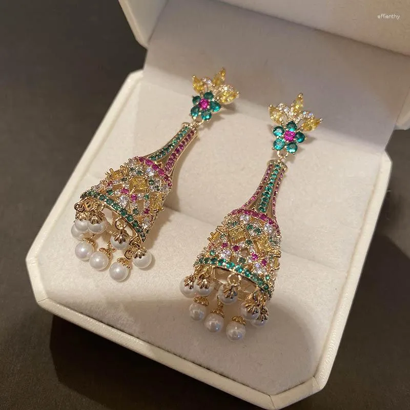 Dangle Earrings Ethnic Colorful Lantern-shaped Pearl Fringe Birdcage Full Zircon Women's Dress Shiny Summer Fine Jewelry