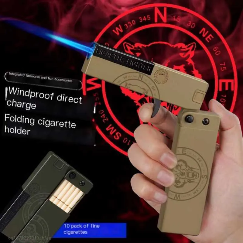 2-i-1 kreativ vikbar pistoltyp Cigarettfodral Butane No Gas Lighter 10 Fine Packs Windproof Jet Blue Flame Fun tändare 9N4R