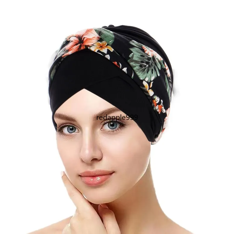 Fronte Croce Turbante Donna Interno Cappello Hijab Musulmano Stampa Foulard Berretti Cofano Cancro Chemio Cap Perdita di capelli Wrap Turbante