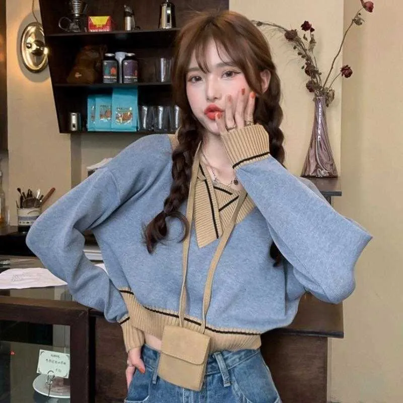 Retro painéis suéteres feminino pullovers recortado com decote em v solto fashuon outono manga longa jumpers feminino quente aconchegante baggy ulzzang