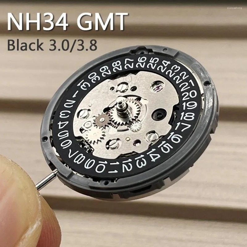 Kits de reparación de relojes Japón genuino GMT NH34 Movimiento mecánico Rueda de fecha negra Corona en 3.0/3.8 Modificación NH34A Mecanismo automático 24 horas