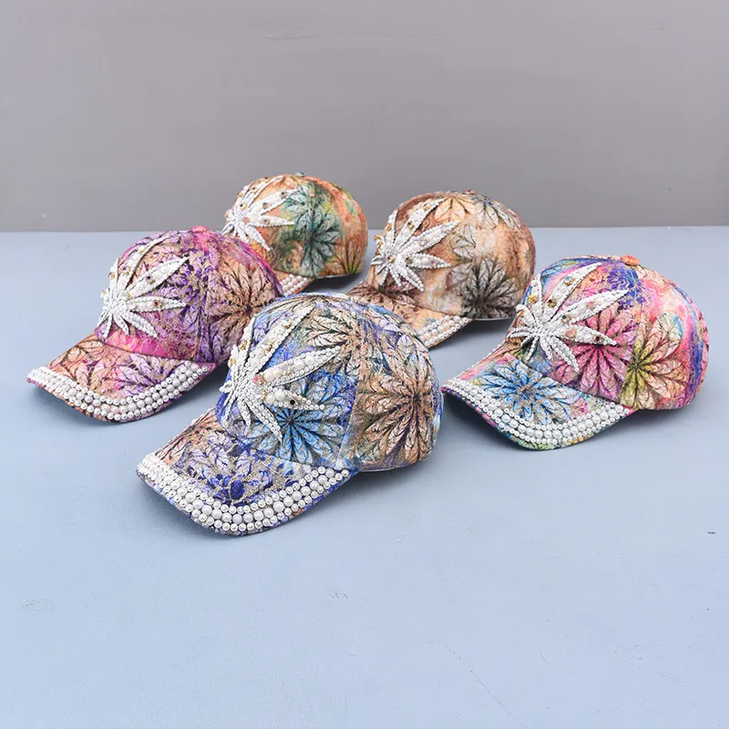 Ball Caps Fashion Femmes Multicolor Printing Baseball Cap Bling Perle Decoration Casual Ajustivable Outdoor Summer Summer 230831