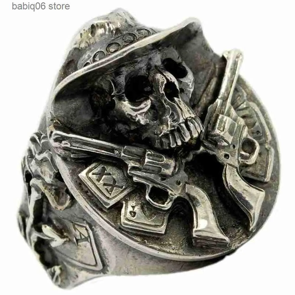 Anelli a fascia Biker Gothic SKULL Anello Doppia pistola Anello pirata per gioielli da festa punk maschile T230727