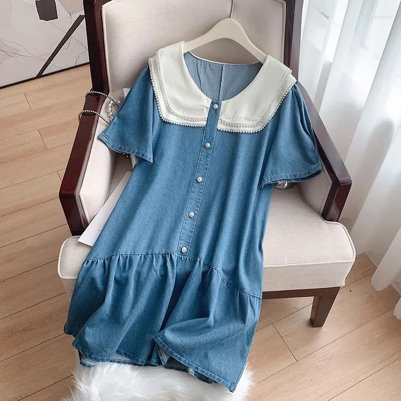 Plus Size Dresses 160Kg Women's Bust 160 Summer Loose Short-Sleeved Doll Neck Denim Pleated Dress Blue 6XL 7XL 8XL 9XL 10XL