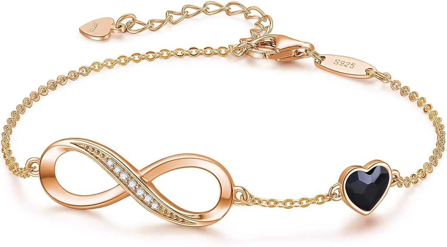 Infinite U Bracciale Regolabile In Argento 925 | Ciondolo Cuore Con Zirconi | Placcato Oro Rosa - 3