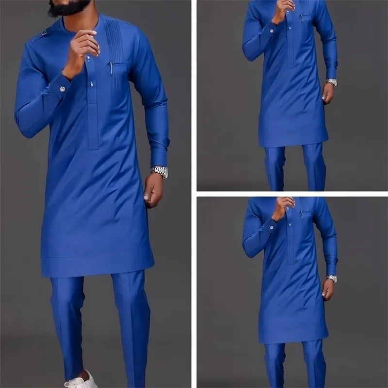 Tracki męskie Dashiki muzułmański afrykański styl etniczny okrągły krawat Niebieskie ramię cztery sezony Universal Casual Long-Sleeved Suit 230831