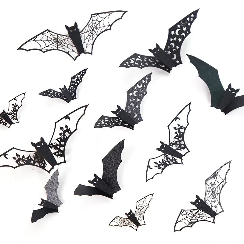Inne imprezy imprezowe 96PCS Mini Halloween 3D Hollow Bat Talling Stickers Black Bat Naklejka Decor Party DIY Kalkomanie Halloween Horror Nietoperze zdejmowane 230831