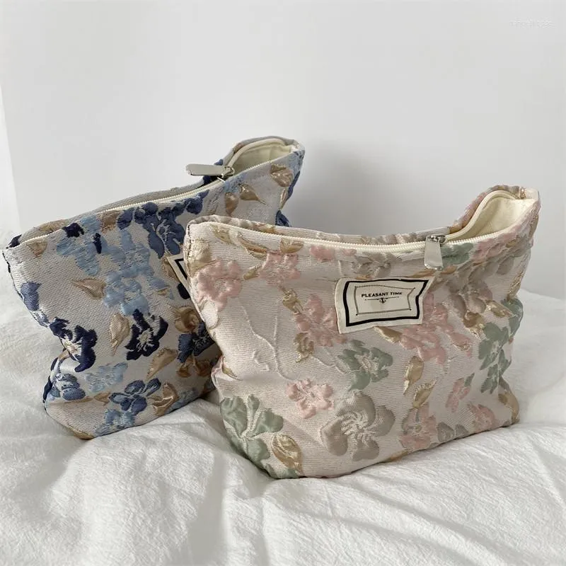 Sacos cosméticos femininos floral beleza saco de maquiagem organizador coreano bordado veludo viagem grande lavagem bolsa de armazenamento de higiene pessoal