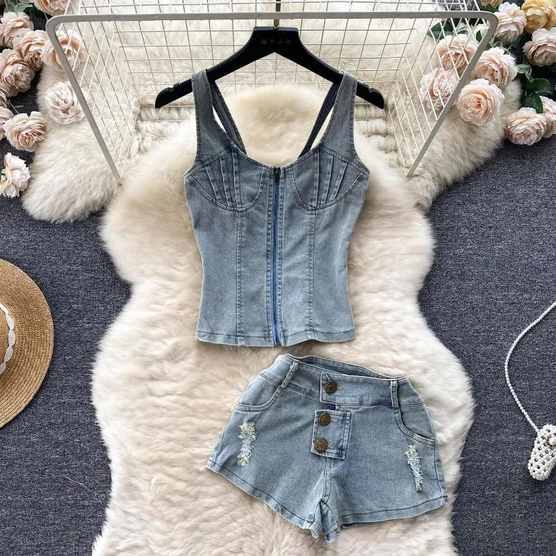 Kvinnors spårsättningar American Retro Zipper Tank Shorts Wide Ben Jeans Två stycke Set For Women Button Sleeveless Short Set Summer Denim