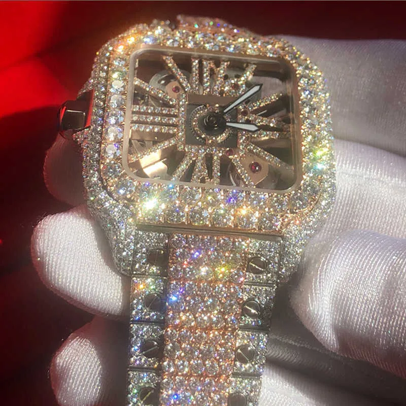 TGXU Wristwatch New Version VVS1 Diamonds watch Rose Gold mixed Sier Skeleton Watch PASS TT Quartz movement Top Men Luxury Iced Out Sapphire WatchLD65