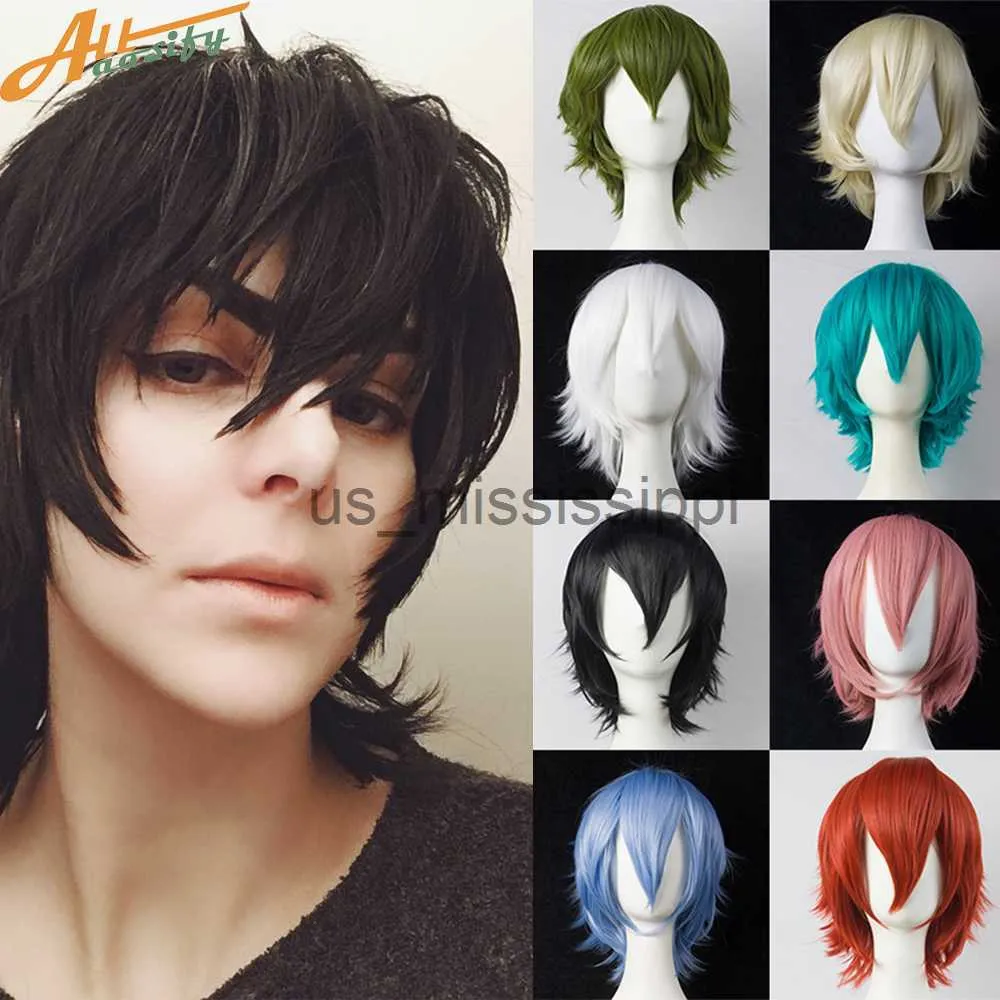 Perruques de cosplay synthétiques mâles cosplay perruques avec frange courte droite blonde noir bleu blanc rouge cheveux Halloween Anime Cosplay perruque pour homme femmes x0901