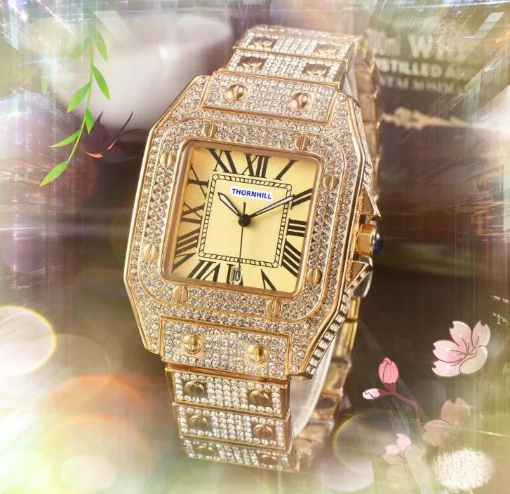 Iced Out Hip Hop woman man couple Watches diamonds ring case clock Super Square Roman Tank Dial Quartz Movement Automatic Date wholesale price gifts wristwatch