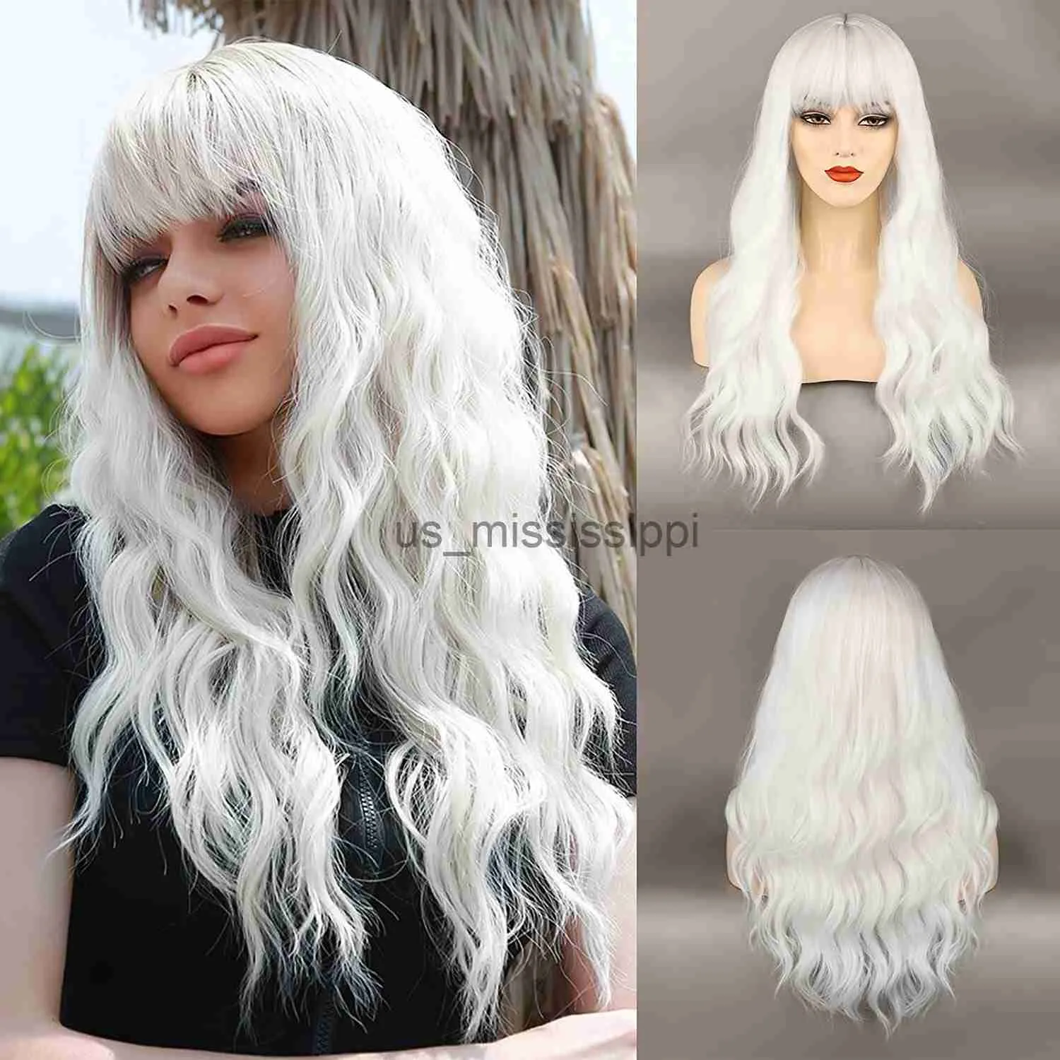 26 Pure White Long Wavy Curly Cosplay Wig With Bangs Heat