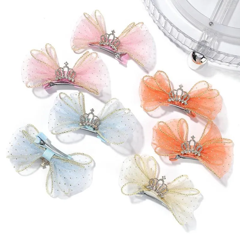 Hair Accessories 2Pcs Lovely Organza Bow Hairpins For Baby Girl Barrettes Zircon Crown Ornaments Children Princess Toddler