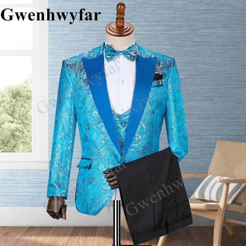 Garnitury męskie gwenhwyfar men garnitur krawiecki niebieski 3 sztuki kolor nowoczesny modny biznes weselny Prom PROM Single Bered Patters Pants