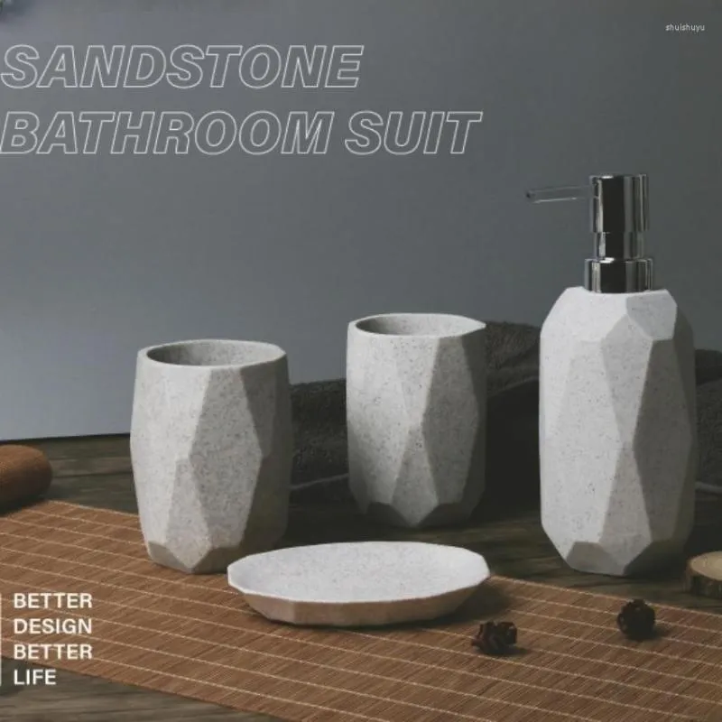 Badtillbehör set dekotalk sandsten badrum 4-stycks diamantform grov sten ytdekoration set vita förnödenheter