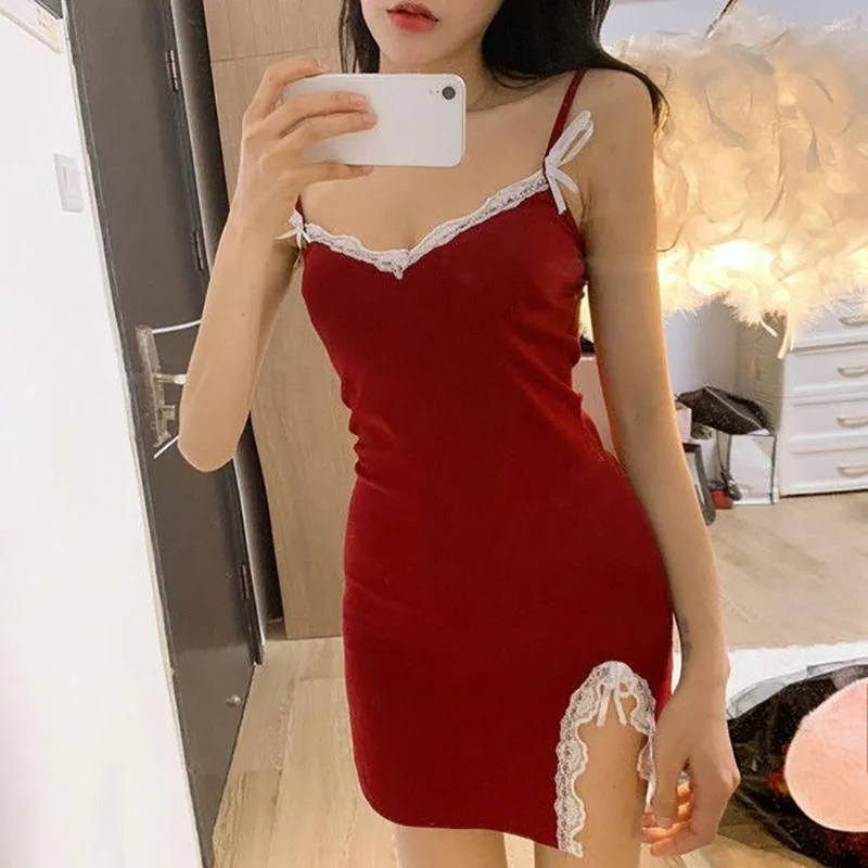 Women's Sleepwear Strap Imitation Silk Lace Split Bow Homewear Sling Nightdress Camisole Pajamas Suspender Women