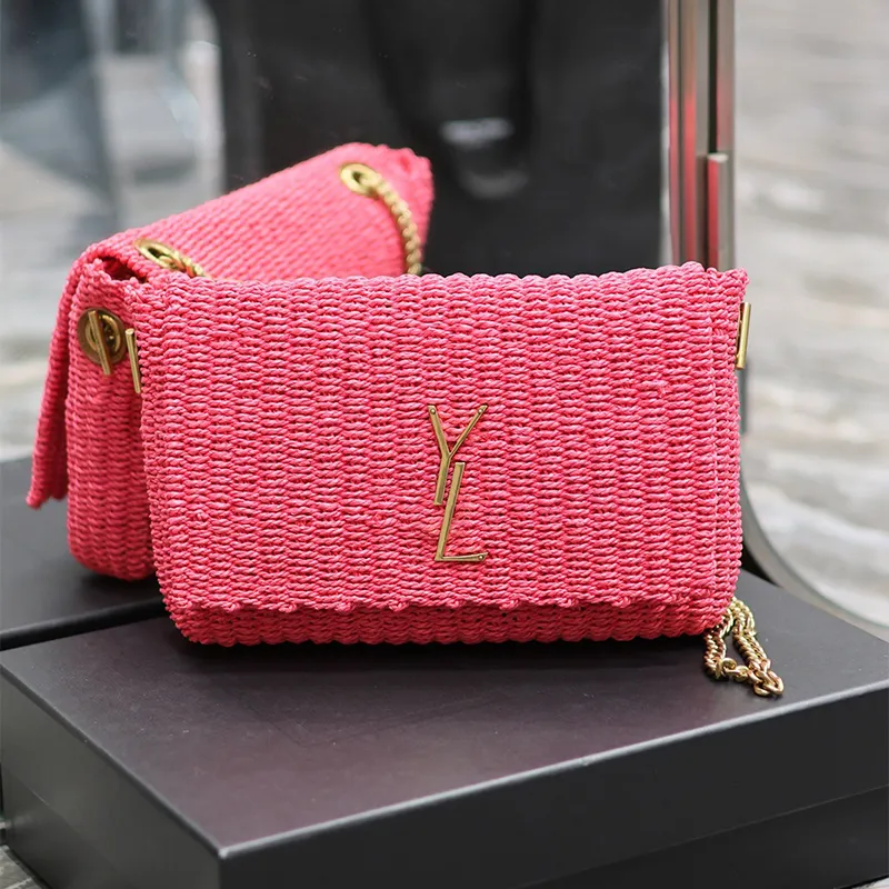 YLS Borsa rosa firmata Borsa in paglia Borsa a tracolla con catena Borsa in rafia intrecciata Borsa Kate Spad Borsa all'uncinetto Borsa a tracolla di lusso Borsa a tracolla Shopping Totes Borsa da donna Pochette da spiaggia