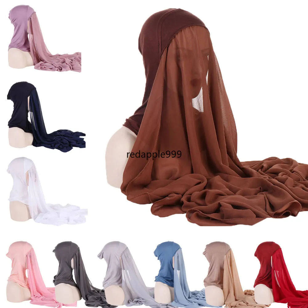 180X75 CM Instant Chiffon Hijab Moslim Innerlijke Hoofdband Vrouwen Cap Motorkap Lange Sjaal Met Jersey Underscarf Hals cover Headwrap Hoed