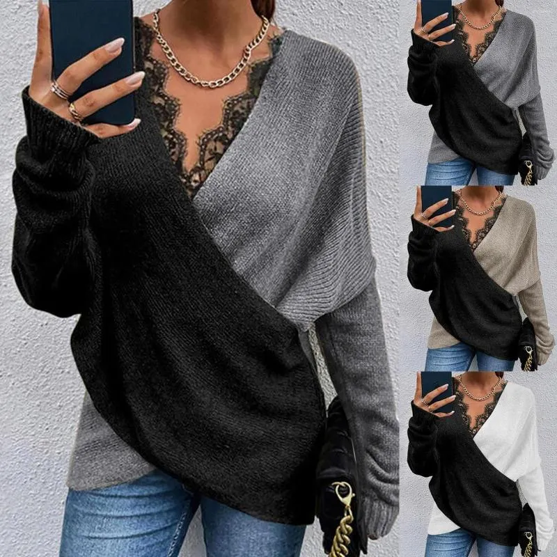 Frauenpullover 2023 Frühling Frauen Gestrickte Pullover Sexy Spitze Patchwork V-ausschnitt Wrap Pullover Top Elegante Mode Grau Schwarz Langarm