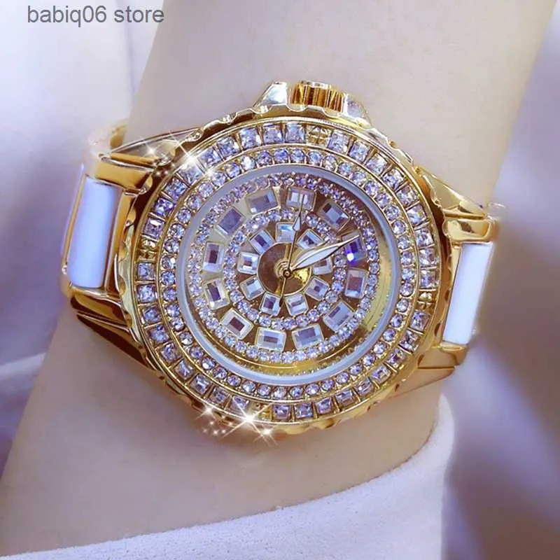 Andere Uhren BS Bee Sister Luxusmarke Damen ES Volldiamant Goldarmband Keramikarmband Weiblich Wasserdicht Quarz ES Golden T230905