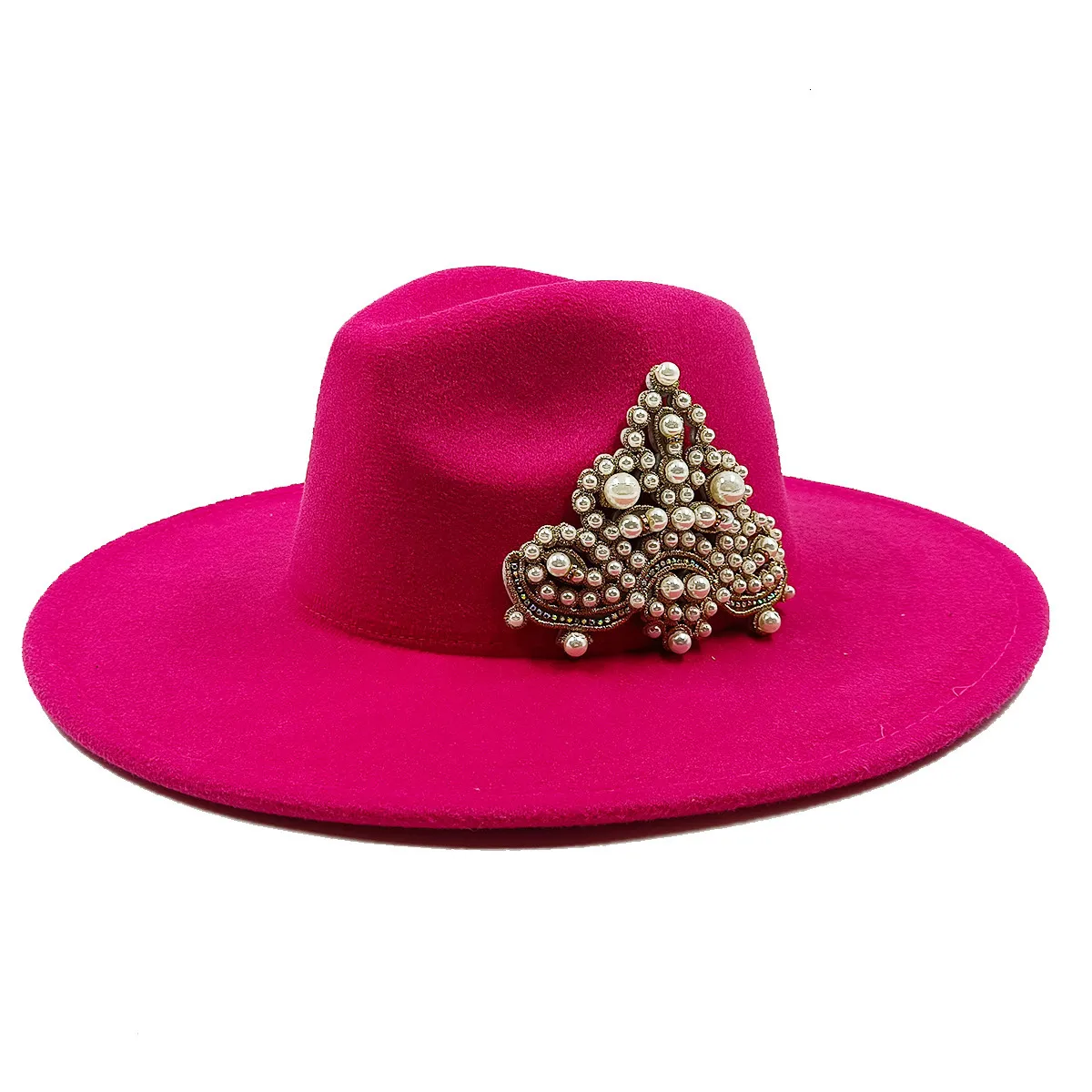 Breda breim hattar hink kvinnor s hatt enkla kyrkan derby topp panama fast filt fedoras för kvinnor jazz cap pearl krona tillbehör 230831