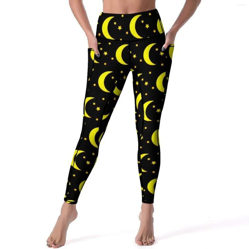 Leggings pour femmes Lune et étoiles Sexy Gold Black High Taille Pantalon de yoga Esthétique Stretch Leggins Poches Femmes Entraînement Collants de sport