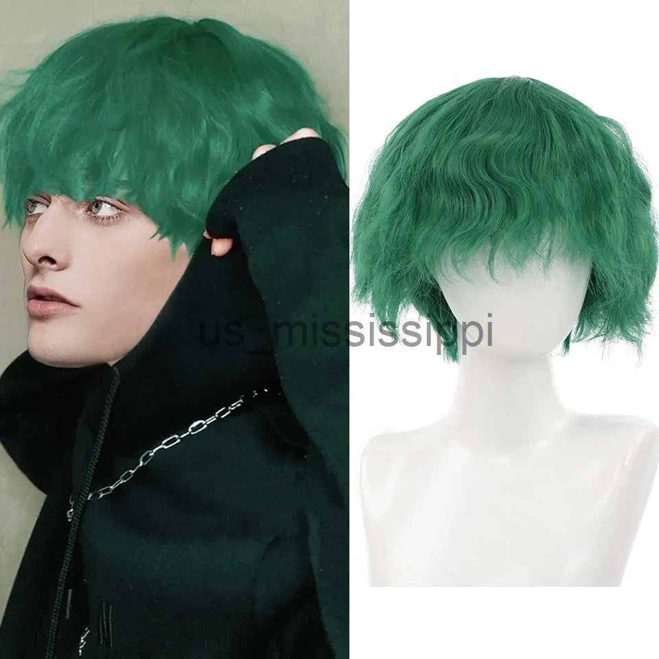 Cosplay perucas ailiade sintético curto encaracolado perucas para homens meninos escuro cabelo verde máquina feita resistente ao calor festa diária anime cosplay peruca x0901